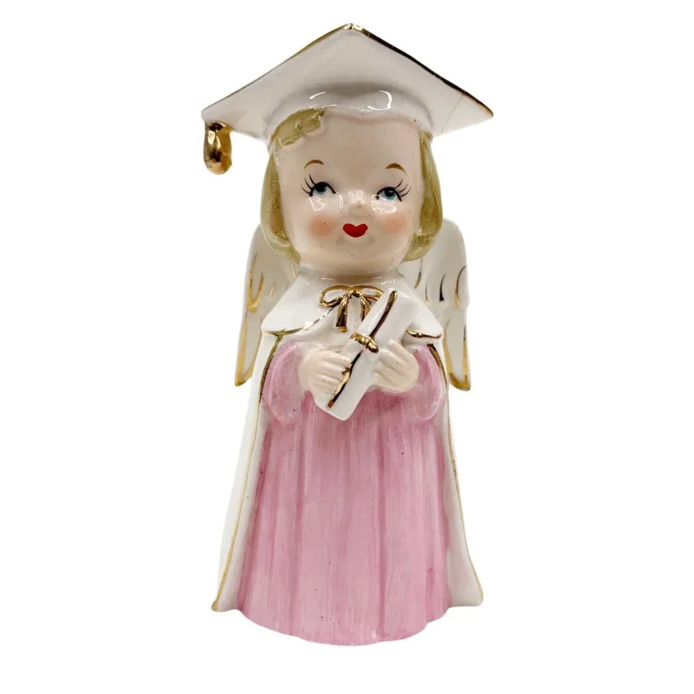 Vtg Graduation Angel Figurine Girl Cap Gown Diploma Graduate Pink White Japan